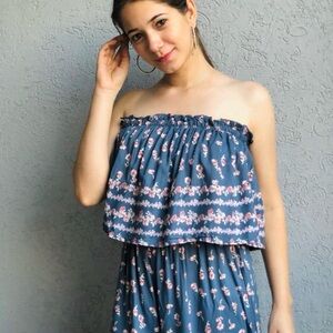 Japna XS Strapless Blue Pink Floral Wide Tiered Leg Bohemian Resortwear Jumpsuit